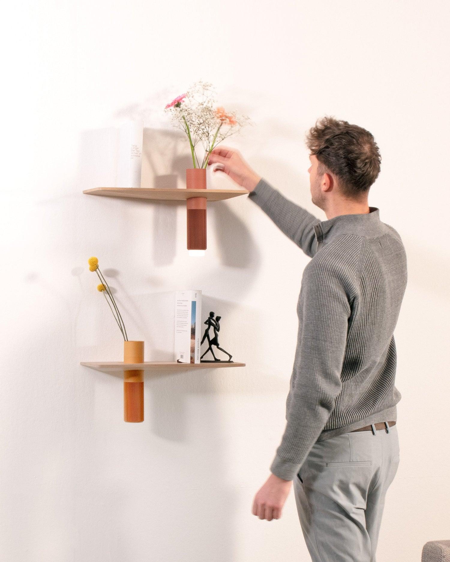 Vaseboard Wandregal mit integrierter Vase und Pflanzen als moderne Wandgestaltung im Wohnzimmer