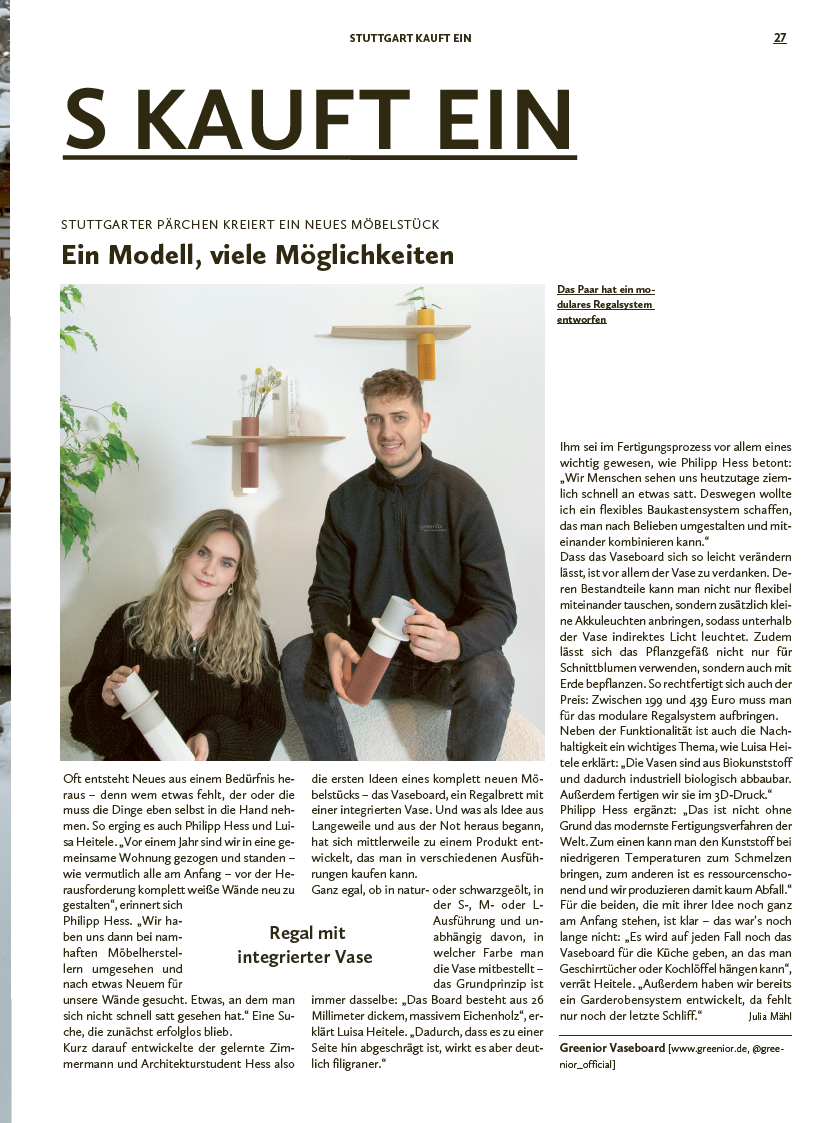 Vaseboard Wandregal im Lift Magazin Stuttgart Artikel über modulares Möbeldesign mit integrierter Vase