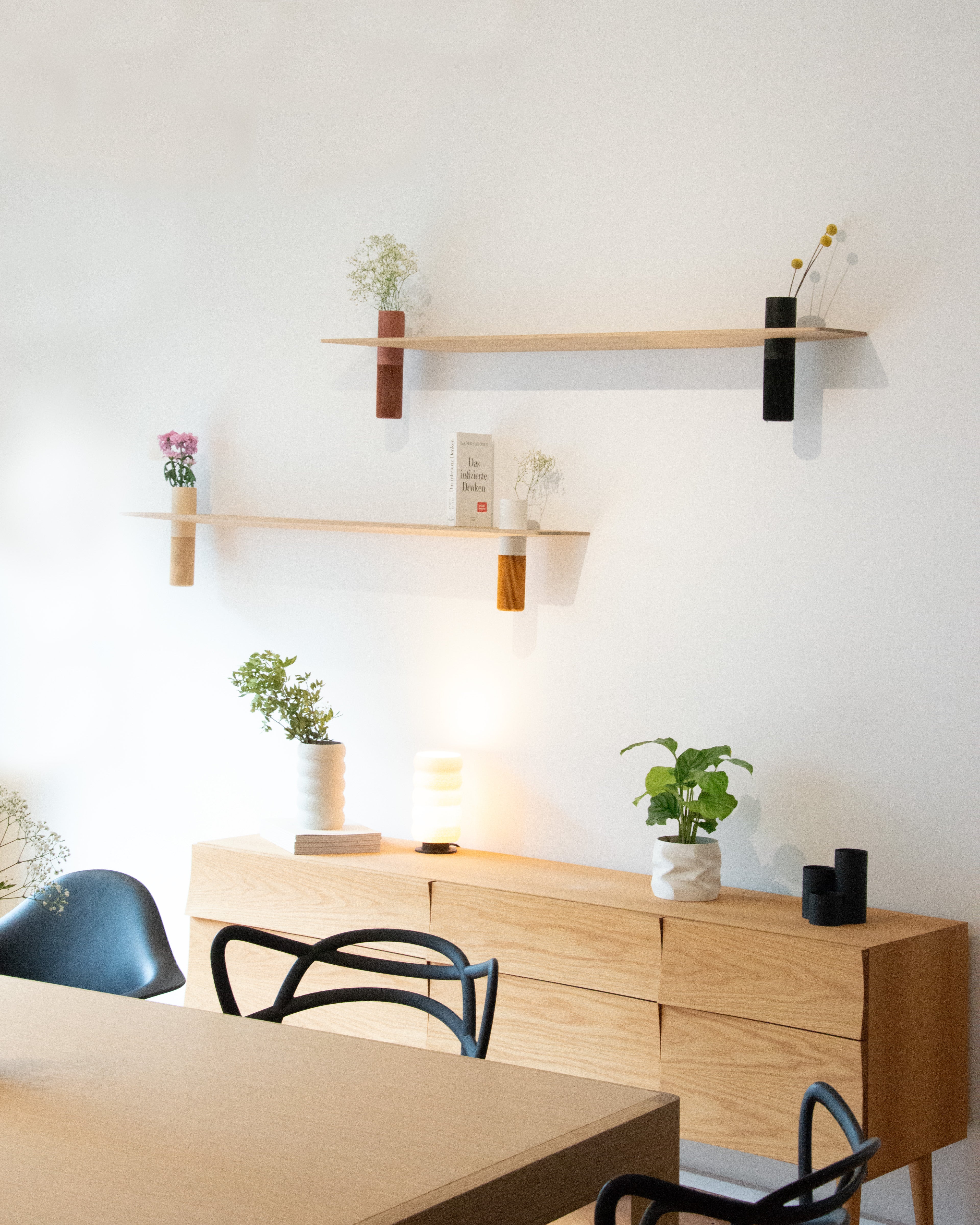 Vaseboard Pop-up Store in Nagold mit schwebenden Wandregalen aus Eiche und Pflanzen im modernen Interior