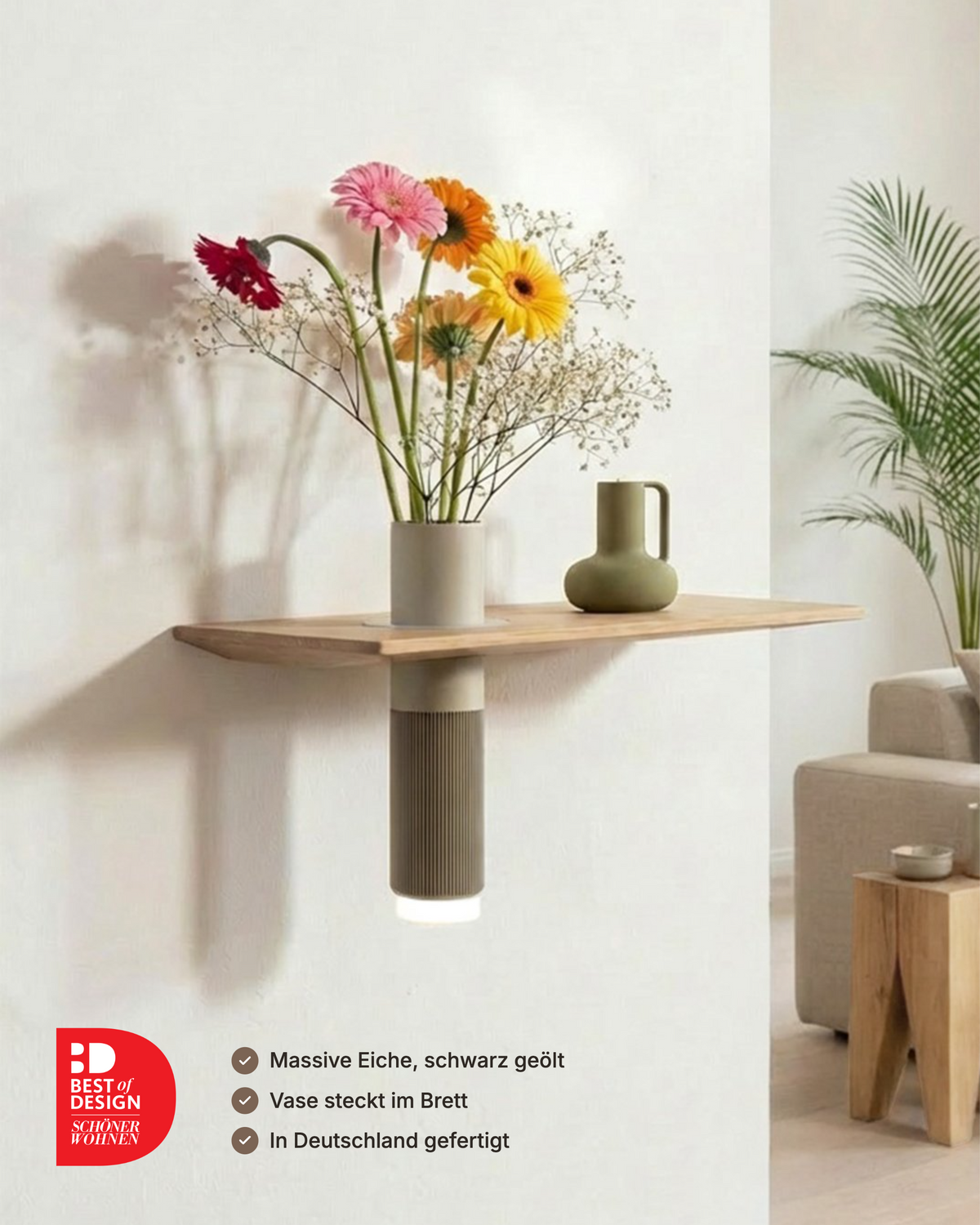 Schwebendes Wandregal Eiche Massiv mit Vase | 50 cm Natur geölt