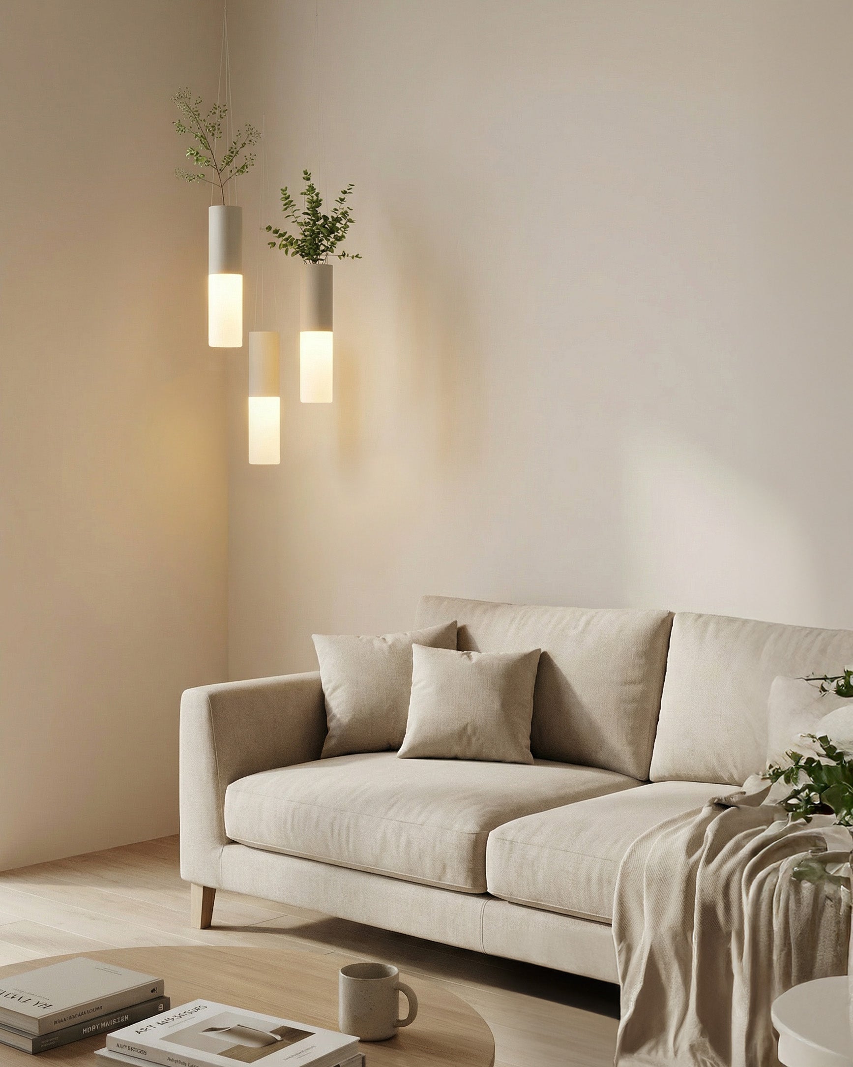 Moderne Hängevase mit LED Beleuchtung über Sofa