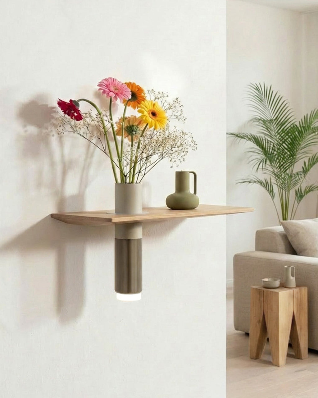 Schwebendes Wandregal Eiche Massiv mit Vase | 50 cm Natur geölt