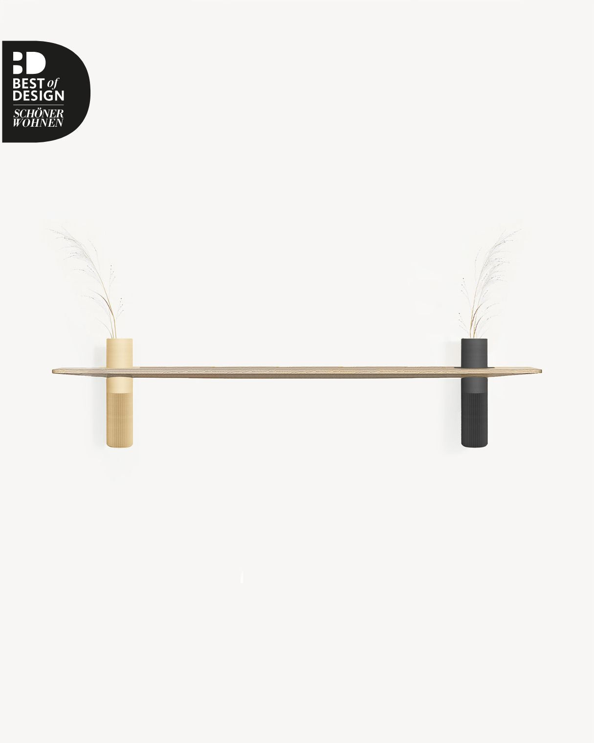 Vaseboard Wandregal Eiche natur mit Vasen in Beige und Schwarz