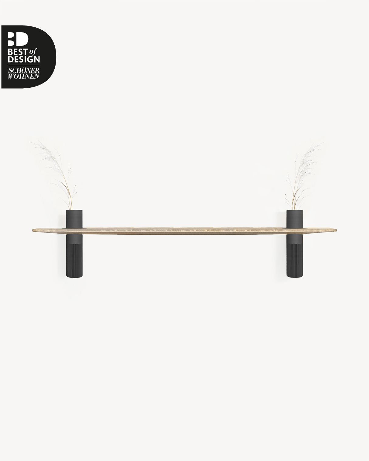 Design Wandregal aus Eiche mit zwei Vasen in schwarz und schwarz