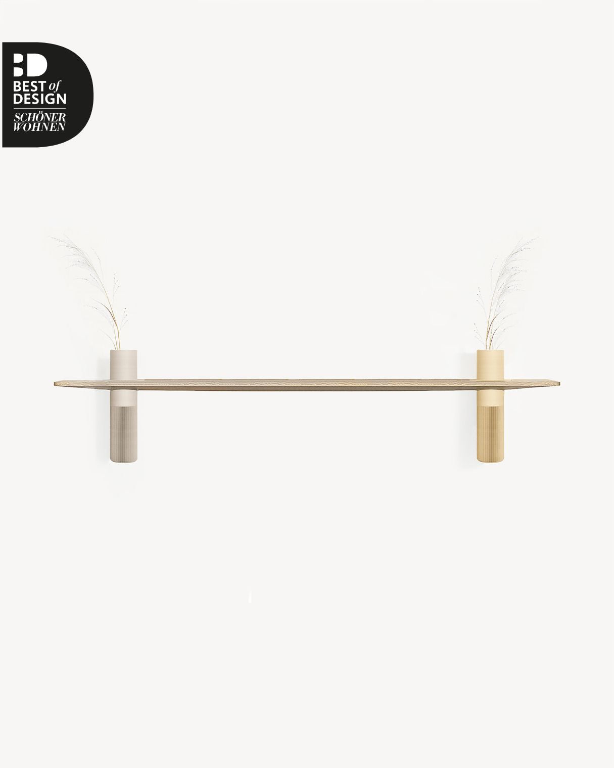 Design Wandregal aus Eiche mit zwei Vasen in Warmgrau und Beige