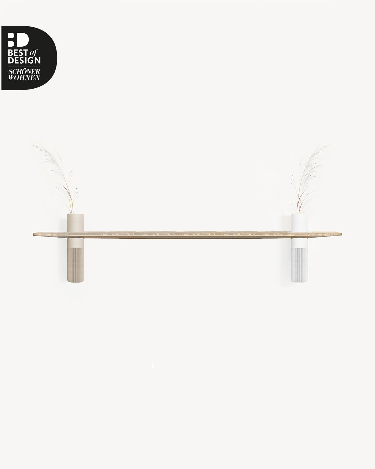 Vaseboard Wandregal Eiche natur mit Vasen in Warmgrau und Weiß