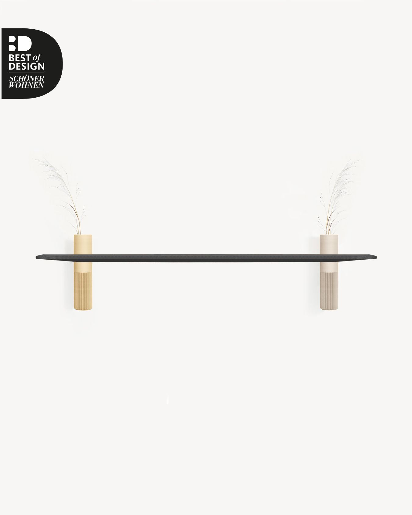 Design Wandregal Schwarz mit zwei Vasen in beige und Warmgrau