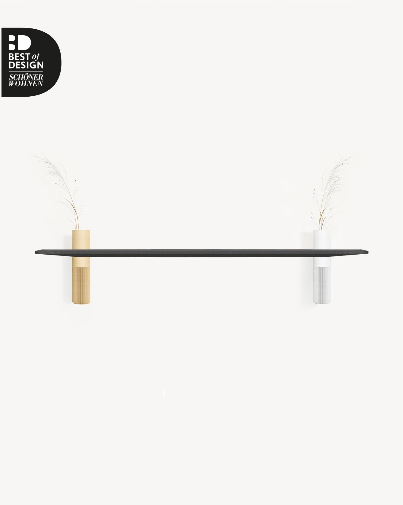 Design Wandregal Schwarz mit zwei Vasen in Beige und Weiss