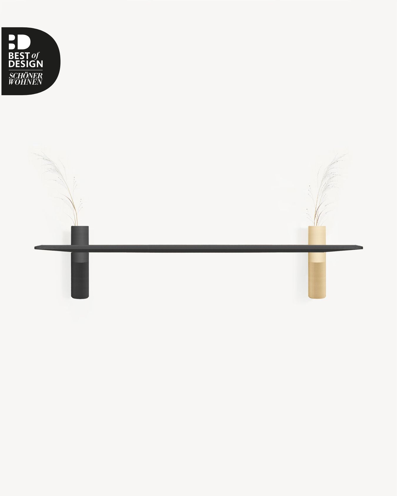 Schwebendes Vaseboard L Schwarz mit zwei Vasen in Schwarz und Beige