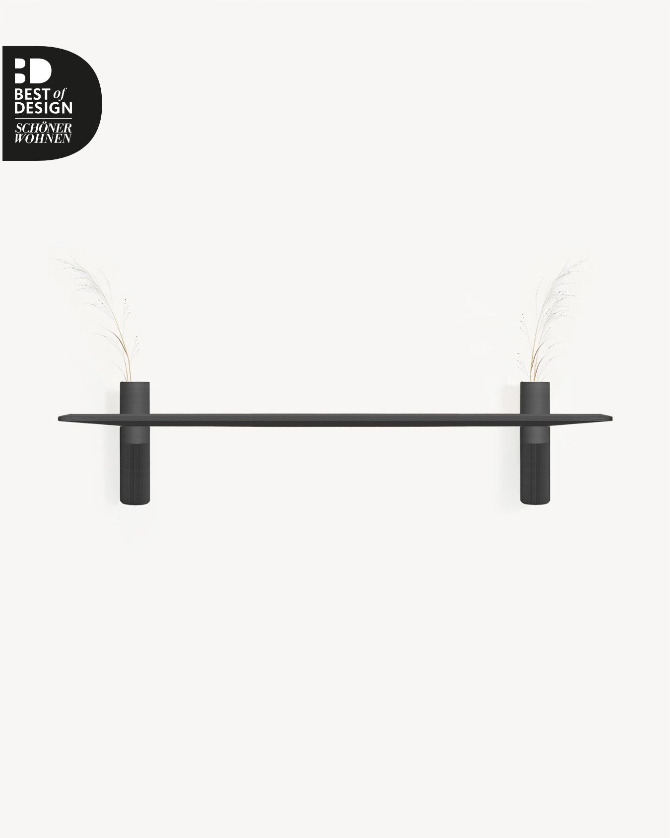 Schwebendes Vaseboard L Schwarz mit zwei Vasen in Schwarz und Schwarz