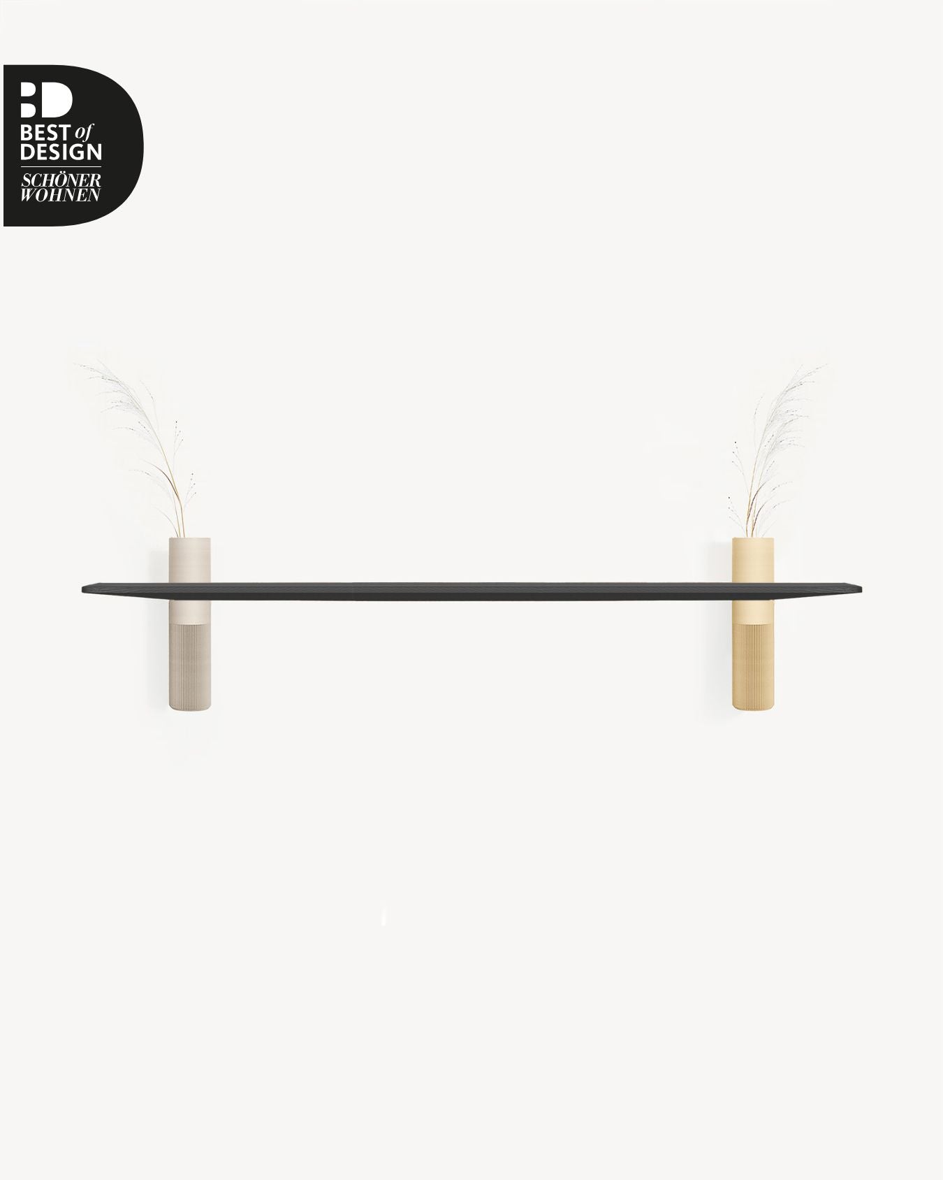 Design Wandregal Schwarz mit zwei Vasen in warmgrau und beige