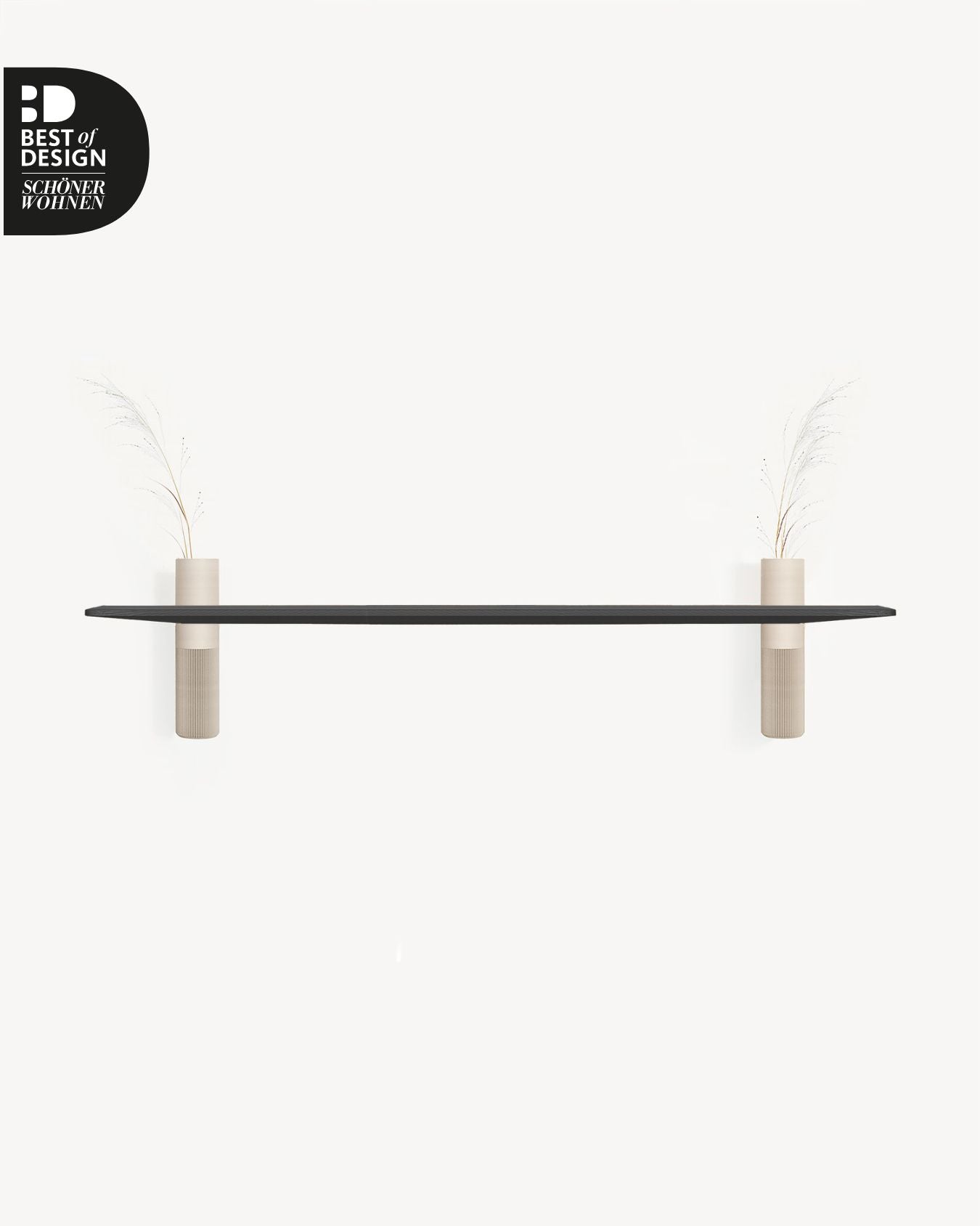 Schwebendes Vaseboard L Schwarz mit zwei Vasen in Beige und Terracotta