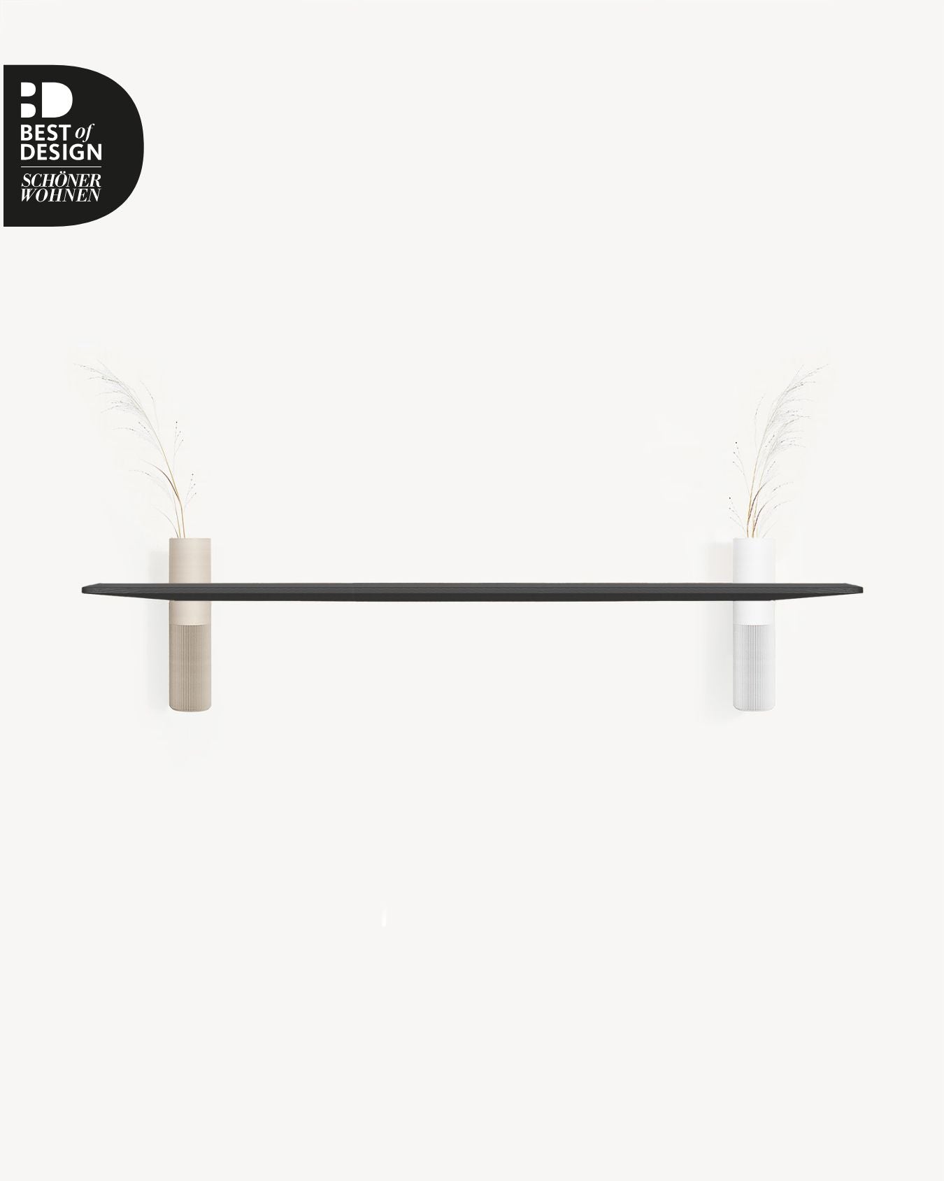 Schwebendes Vaseboard L Schwarz mit zwei Vasen in Warmgrau und Weiß