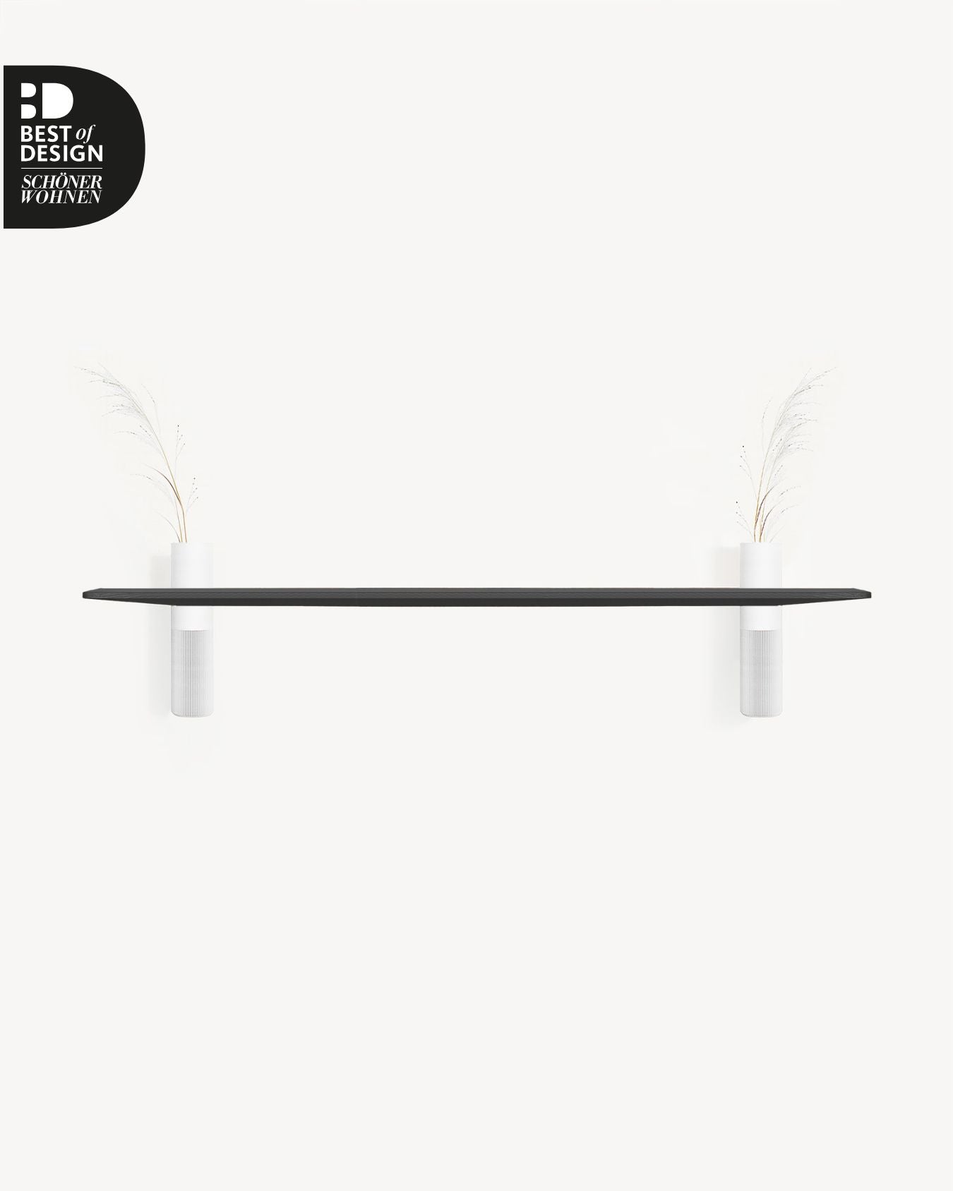 Design Wandregal Schwarz mit zwei Vasen in Weiß und Weiß