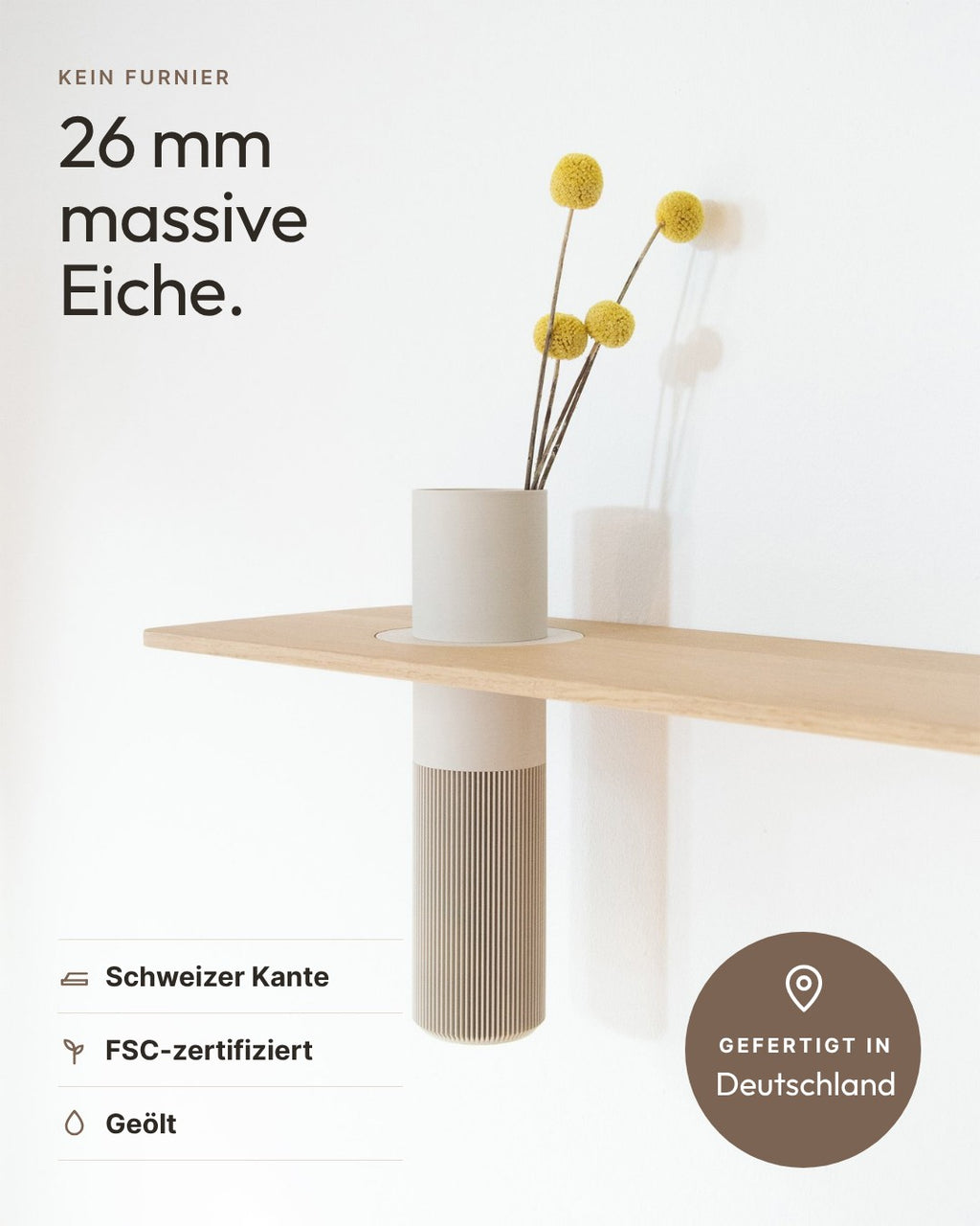 Floating Wall Shelf Solid Oak with Vase | 50 cm Natural Oiled