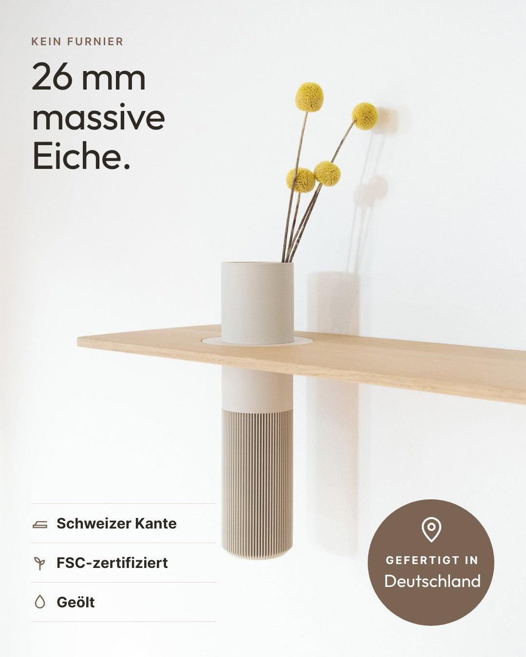 Schwebendes Wandregal Eiche Massiv mit Vase | 50 cm Natur geölt