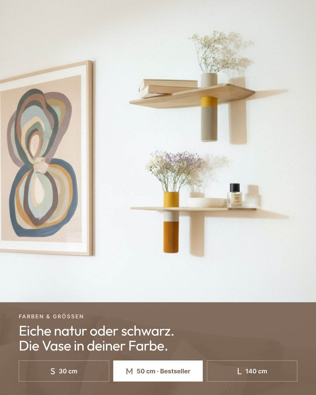 Floating Wall Shelf Solid Oak with Vase | 50 cm Natural Oiled