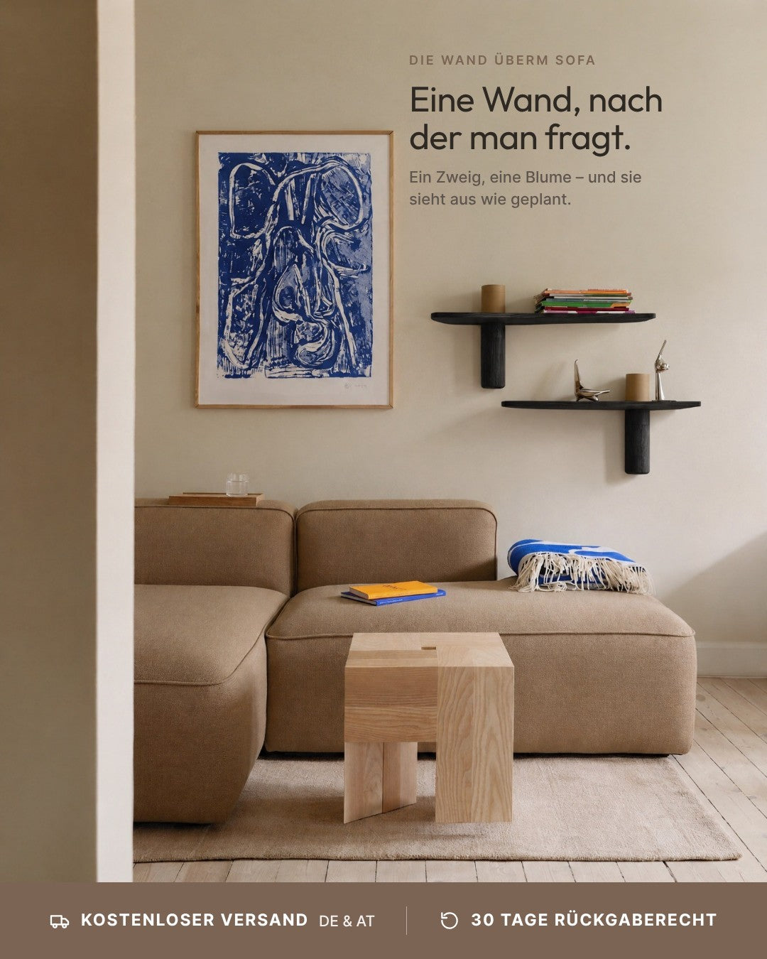 Schwebendes Wandregal Eiche Massiv mit Vase | 50 cm Schwarz geölt