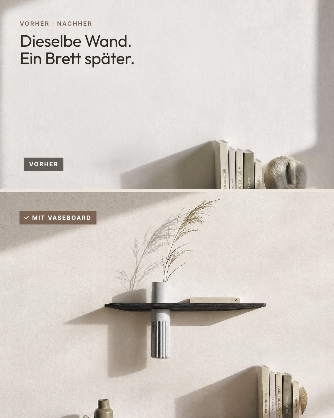 Schwebendes Wandregal Eiche Massiv mit Vase | 50 cm Schwarz geölt