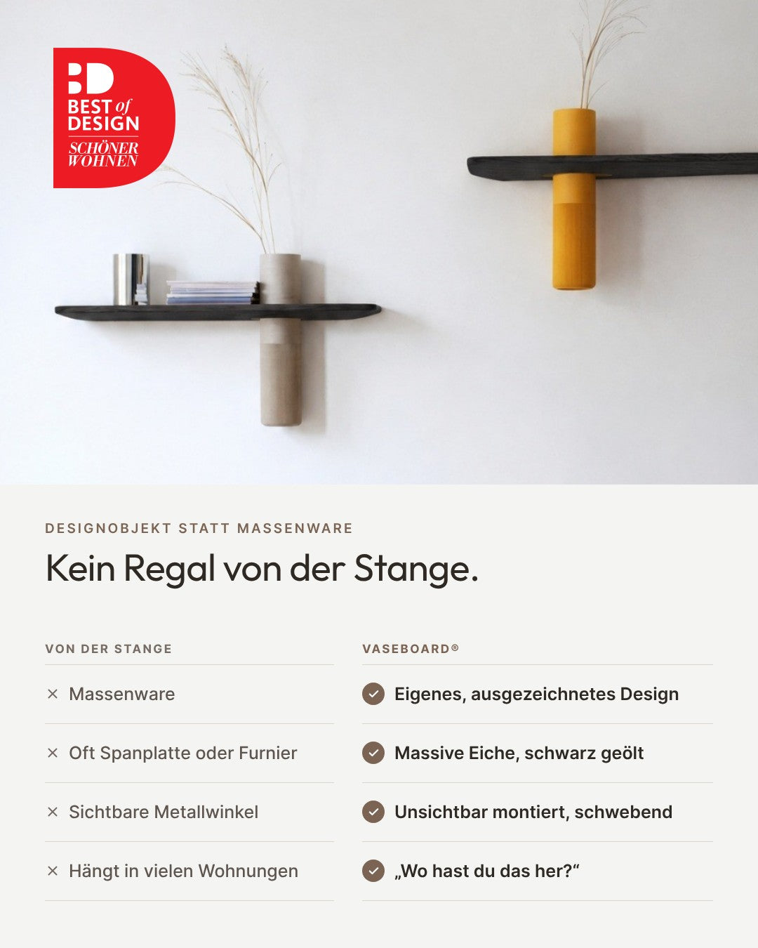 Schwebendes Wandregal Eiche Massiv mit Vase | 50 cm Schwarz geölt