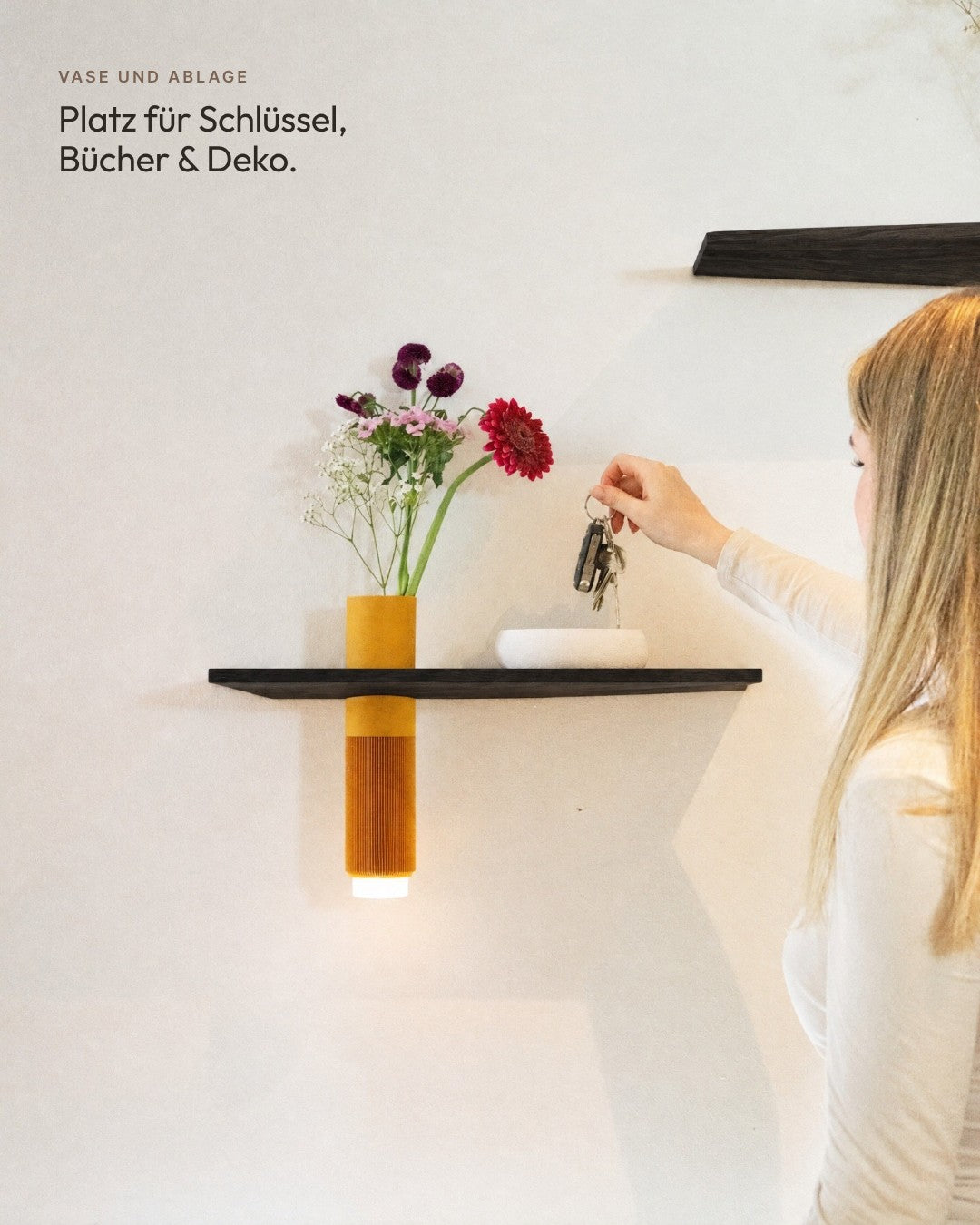 Floating Wall Shelf Solid Oak with Vase | 50 cm Black Oiled