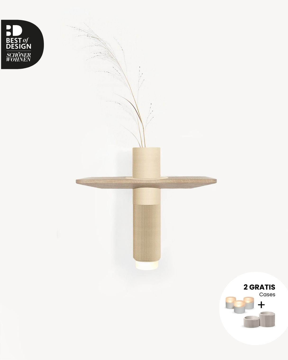 Vaseboard S Wandregal aus Eiche mit Vase in beige mit Beleuchtung
