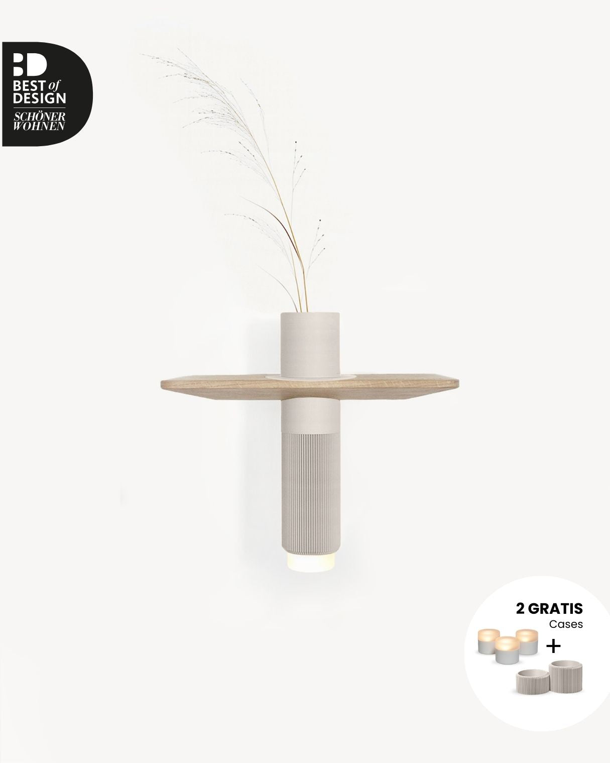 Vaseboard S Wandregal aus Eiche mit Vase in Warmgrau mit LED