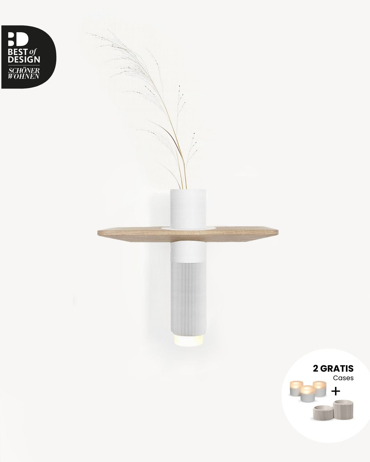 Vaseboard S Wandregal aus Eiche mit Vase in Weiß mit LED
