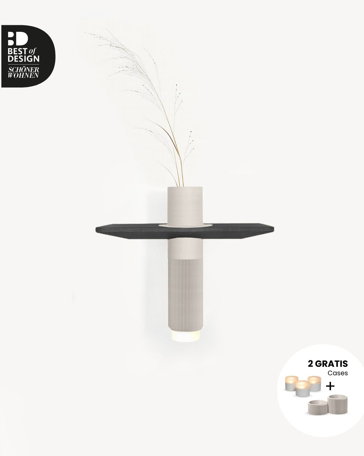 Vaseboard S Wandregal aus Eiche in Schwraz mit Vase in Warmgrau LED