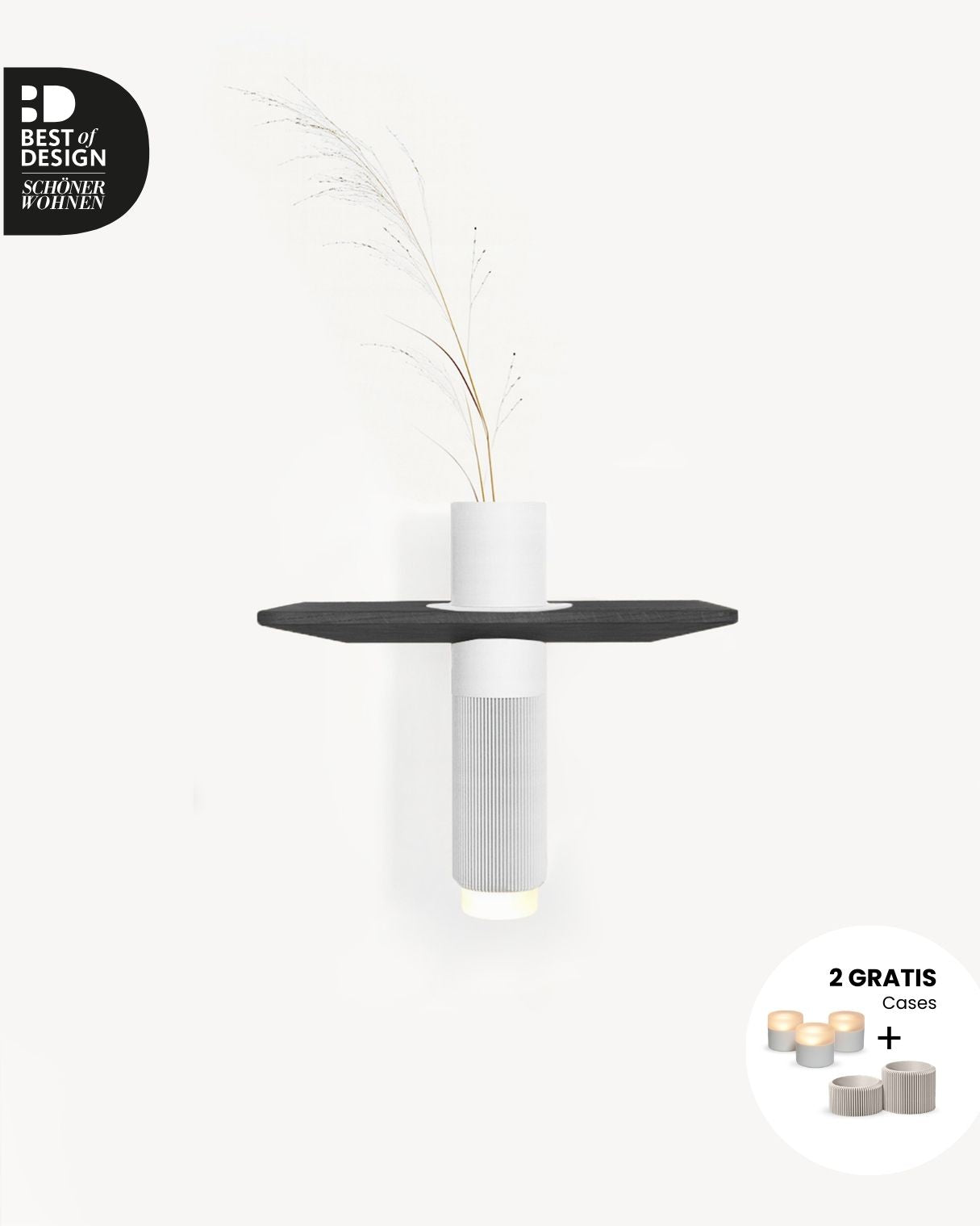 Vaseboard S Wandregal aus Eiche in schwraz mit Vase in weiss LED